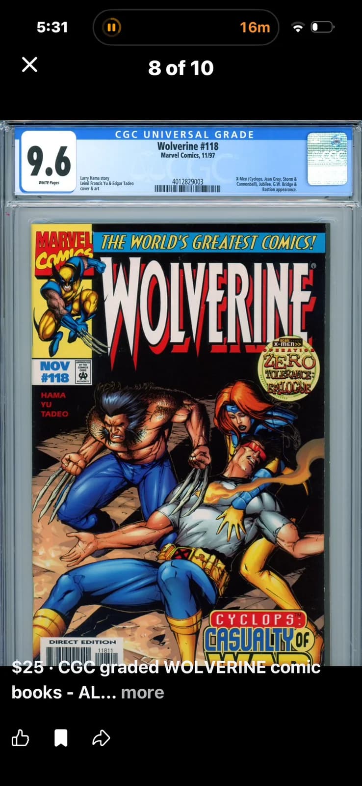 Wolverine #118 Marvel Comics CGC 9.6 Graded Comic Book November 1997