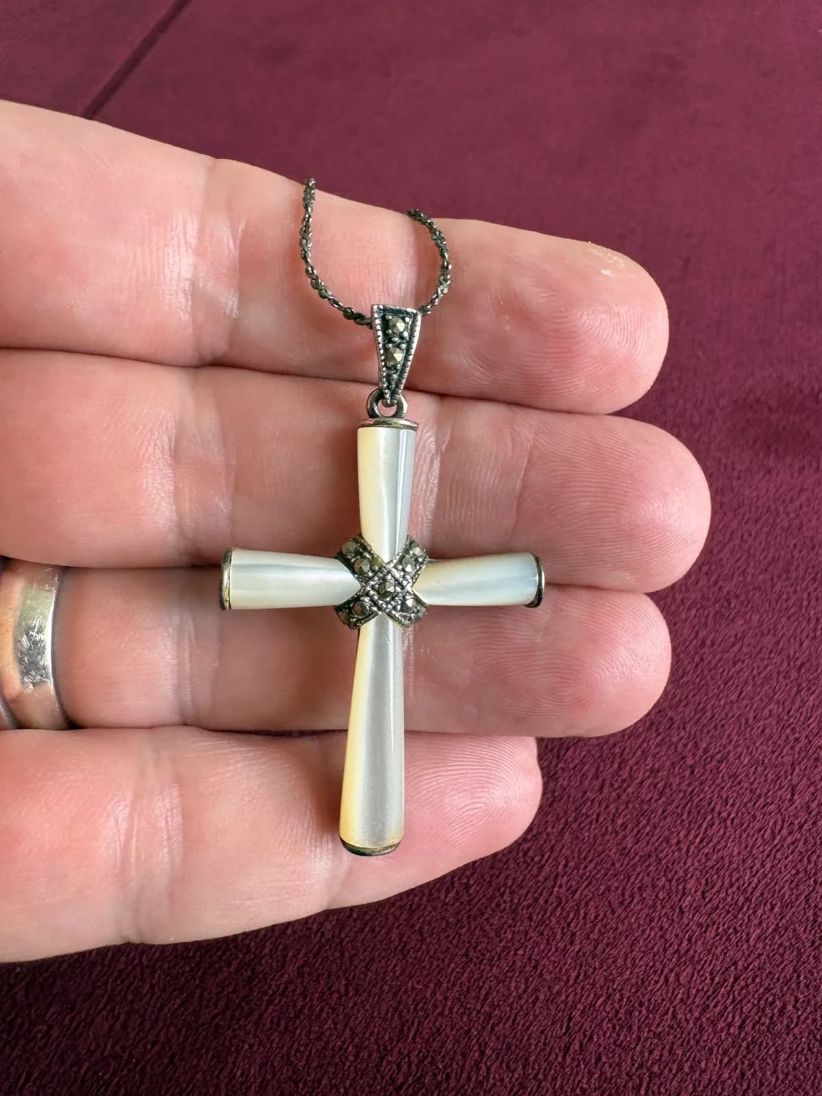 Vintage Silver-Tone Marcasite and Mother of Pearl Cross Pendant Necklace