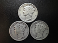 3 Mercury Dimes — Authentic 90% Silver Coins
