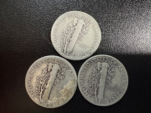3 Mercury Dimes — Authentic 90% Silver Coins